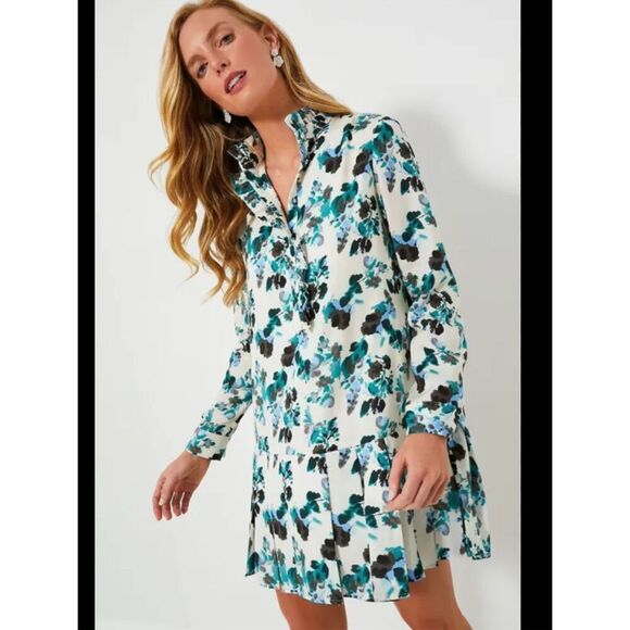 TUCKERNUCK Budding Bluebell Tate Shirt Ruffle Collar Dress in Blue Blooms Size L - Picture 2 of 12
